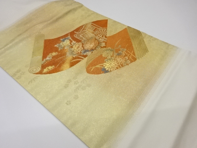 リサイクル　金彩巻物に花々・松・御所車模様名古屋帯